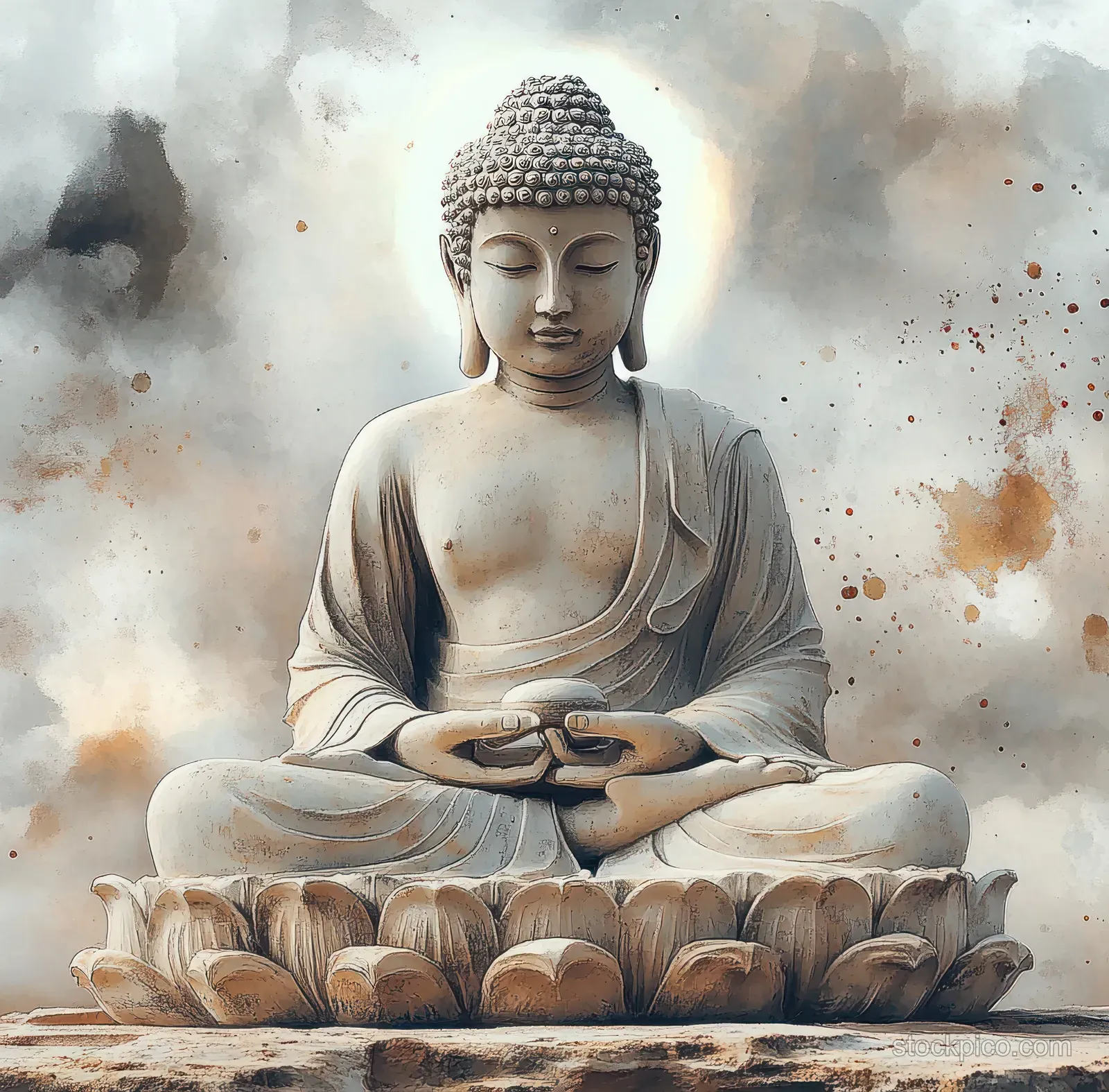 Seated Buddha statue meditating on a lotus pedestal with a soft glowing aura and misty background.