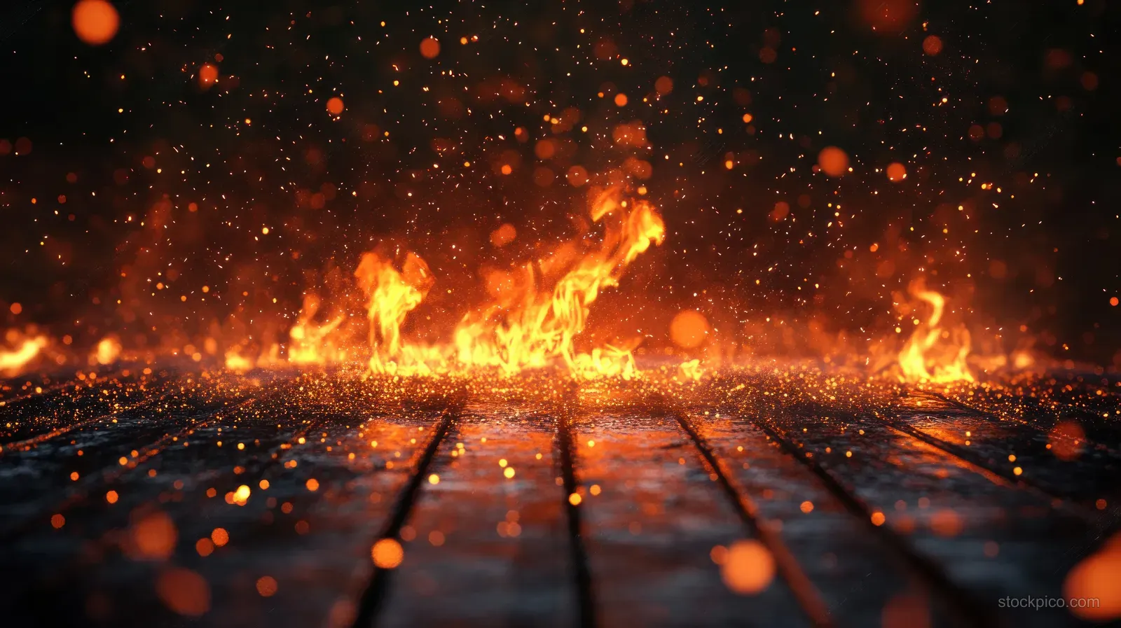 Flames and sparks burst across dark wooden planks with smoke and glowing embers above a black background.