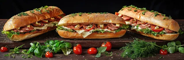 Three roasted meat sandwiches with lettuce, tomato slices, and melted cheese on crusty bread with herbs and cherry tomatoes.