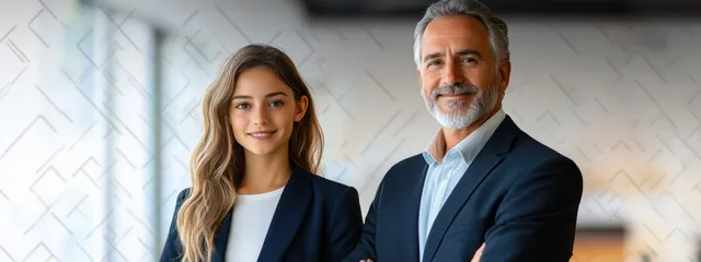A young woman and a mature man in suits smile side by side in a modern office.