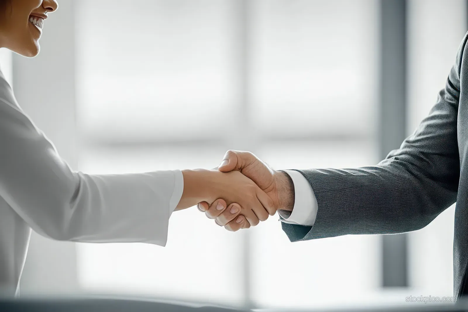 Two business professionals shake hands in a bright office during a financial meeting.