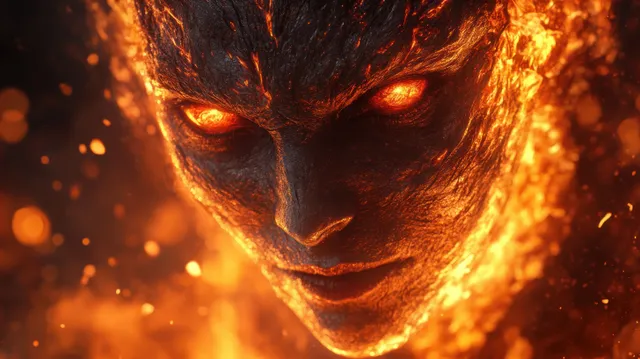 A demon face with glowing red eyes surrounded by flames.
