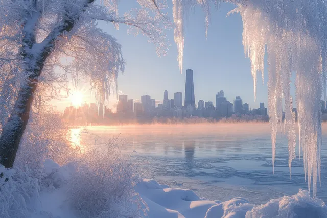 Snow-covered trees and large icicles hang over a frozen lake with a city skyline in sunrise mist.