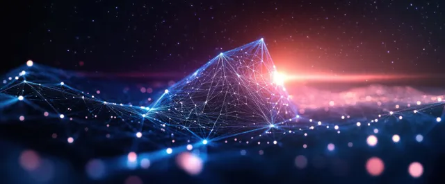 Cyberpunk digital landscape with glowing polygon network and drifting data lights at dusk