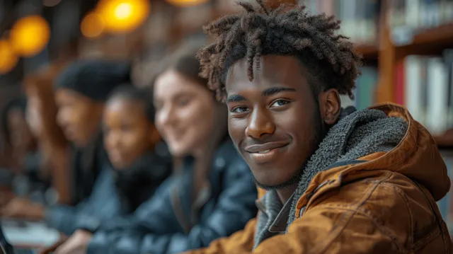 Smiling university student seated in a library aisle with warm bokeh lights behind