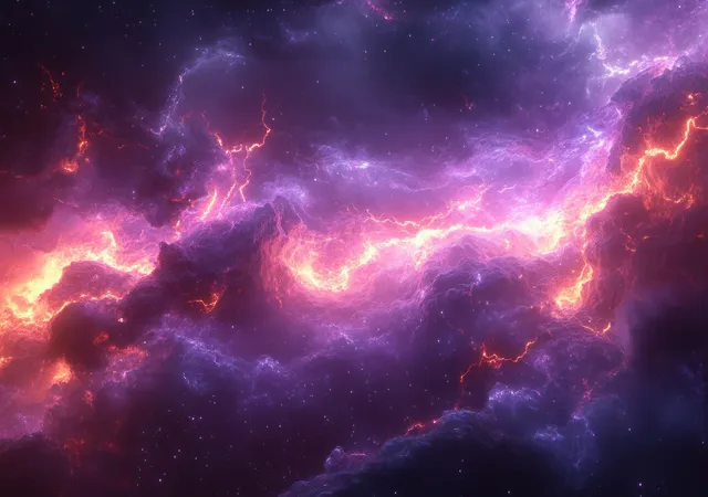 Purple cosmic lightning storm crackling across a dark nebula cloud background