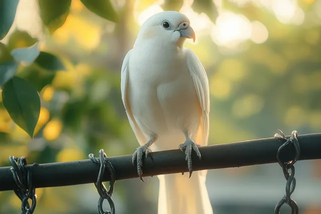 A white bird perched on a chained branch under dappled sunlight through green leaves.