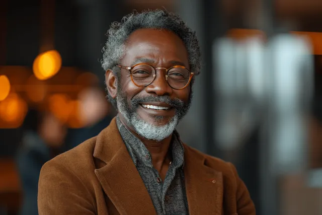 Smiling senior African American executive in a brown blazer, seated in office