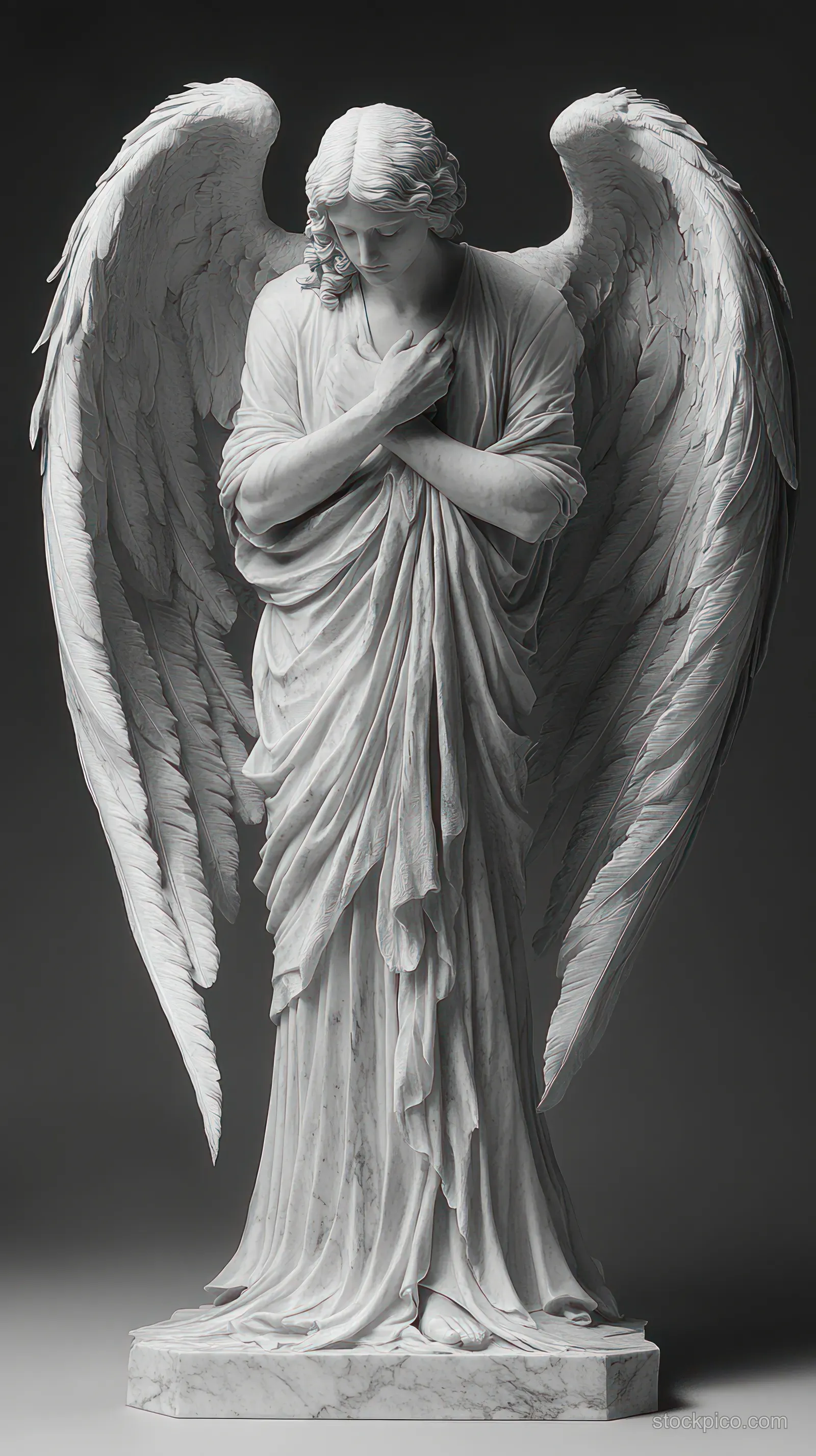 White marble angel statue with large detailed wings, crossed arms, and a downward serene gaze.