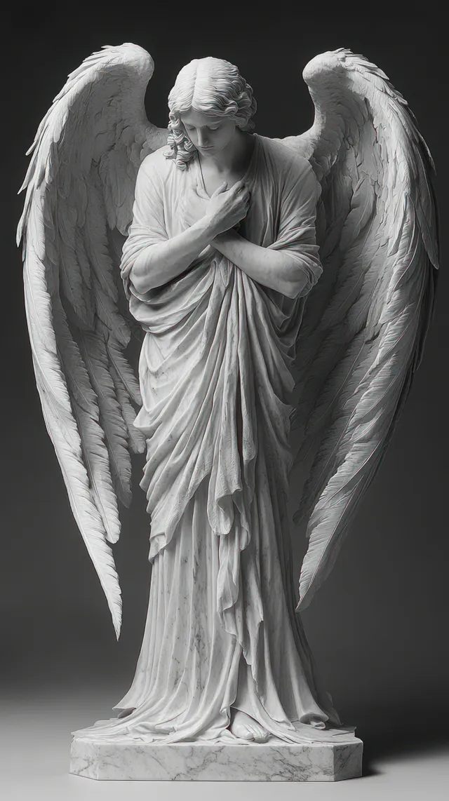 White marble angel statue with large detailed wings, crossed arms, and a downward serene gaze.