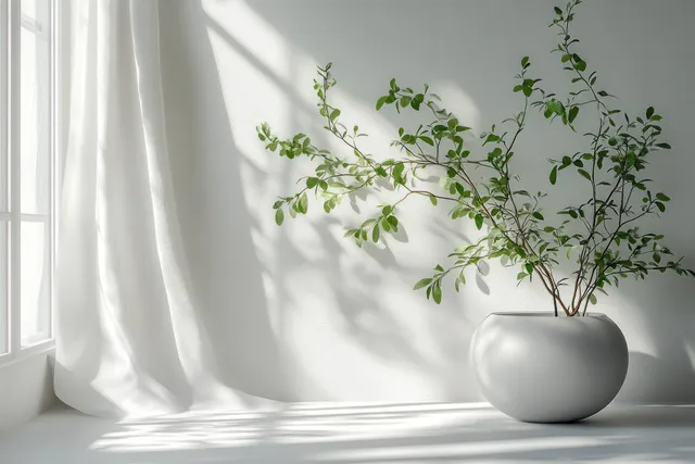 Sunlit tree leaves cast crisp shadows on white wall beside a simple vase