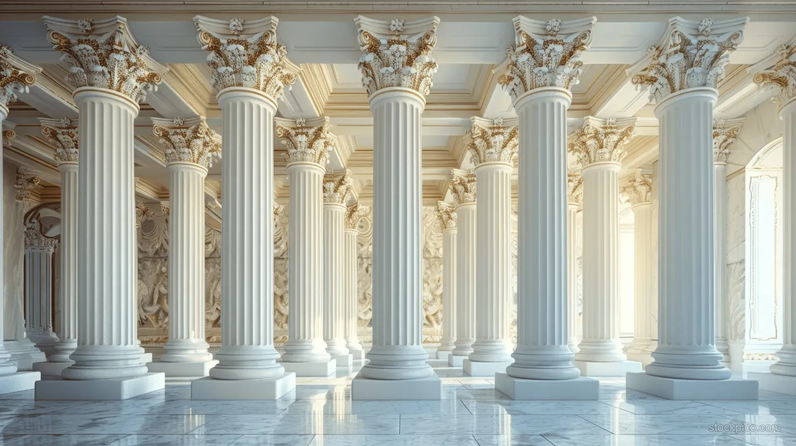 Marble Greek columns with carved capitals stand in a bright colonnade corridor with sunlight and arches.