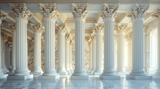 Marble Greek columns with carved capitals stand in a bright colonnade corridor with sunlight and arches.