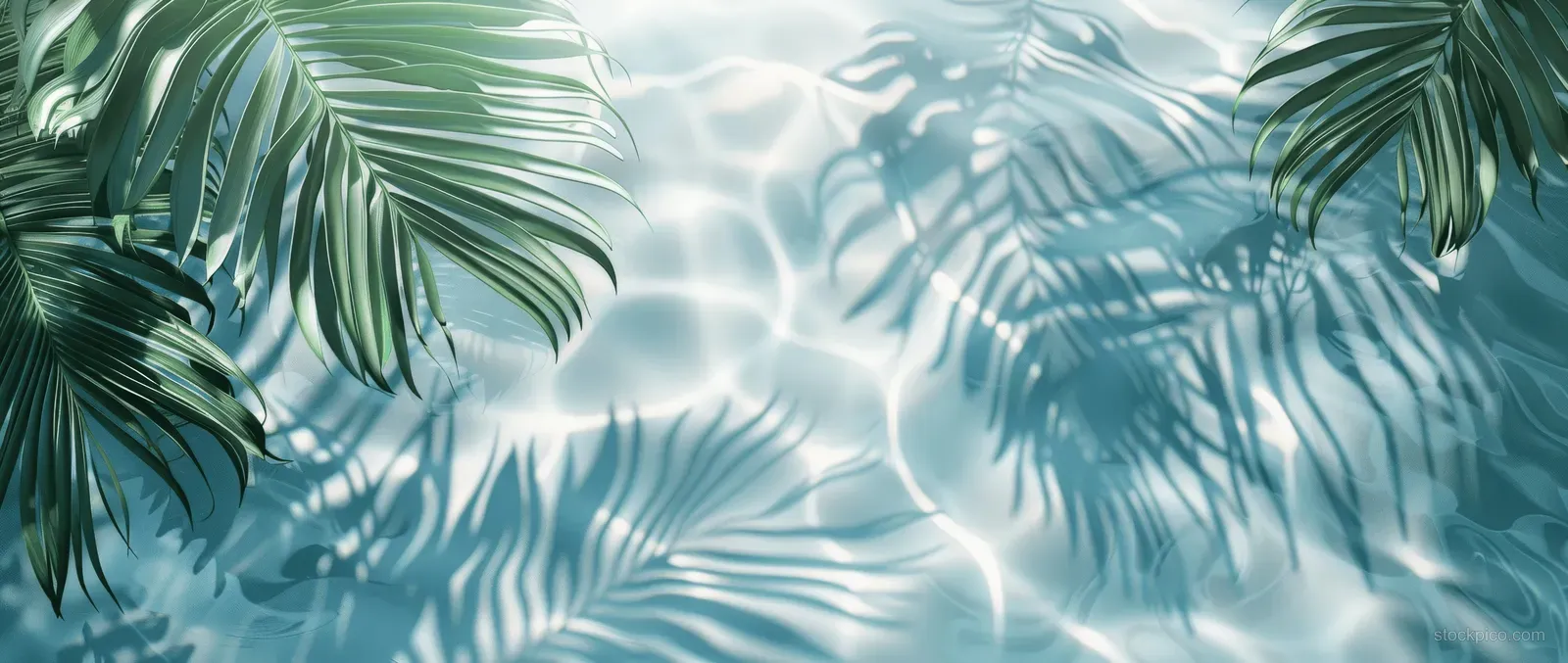 Palm leaves cast distinct shadows over a sunlit water surface with ripples and light reflections.