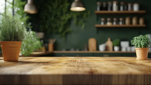 Rustic wooden kitchen countertop with two potted herb plants in front of a softly blurred green interior and warm lights.