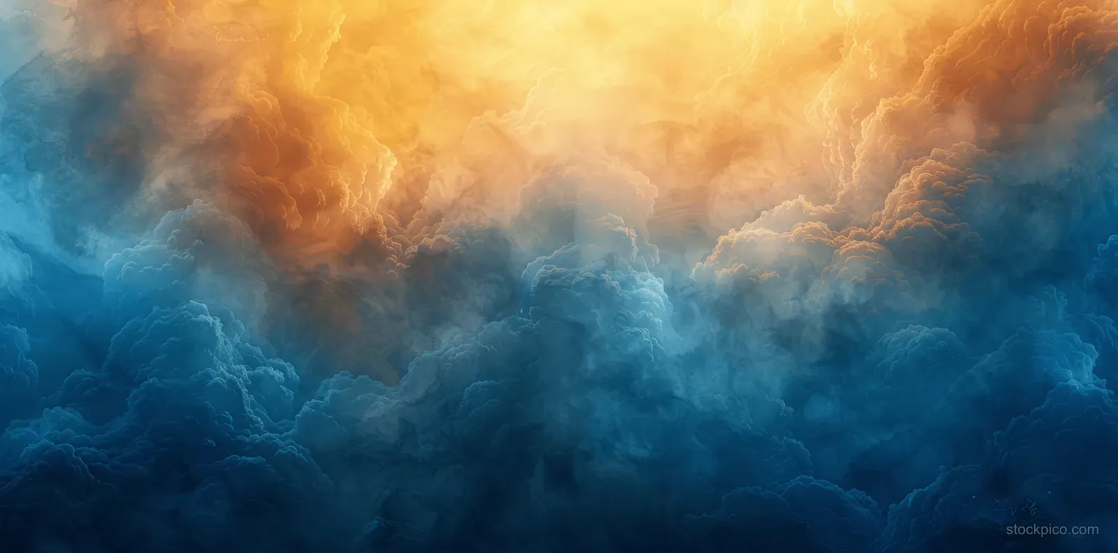 Yellow and blue watercolor clouds blur into a hazy gradient sky with soft misty texture.