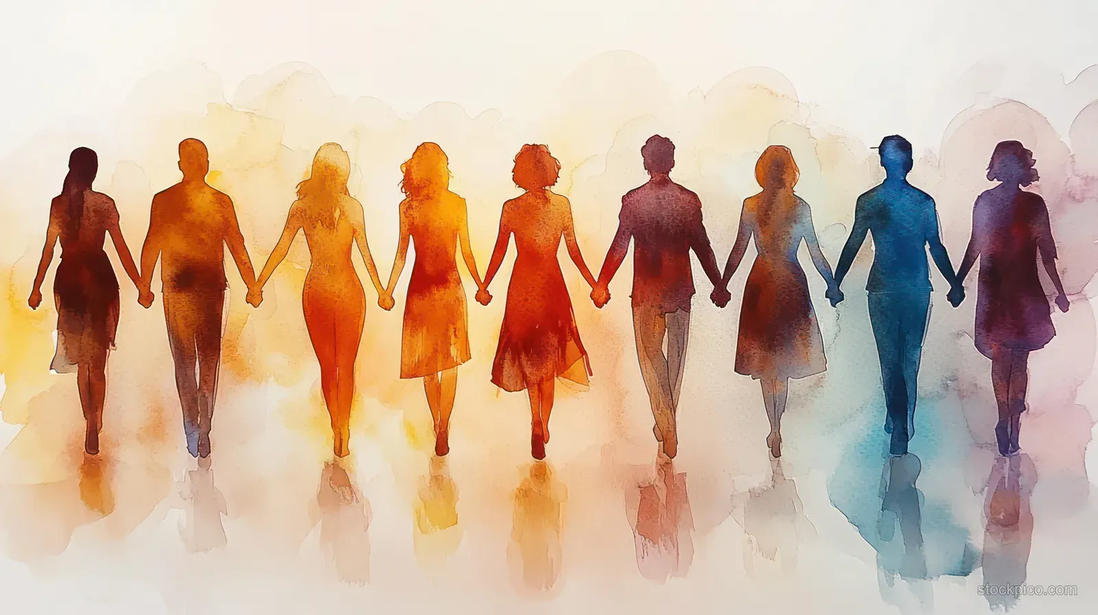 Diverse people holding hands while walking forward in a watercolor scene with colorful mist and gradient background.