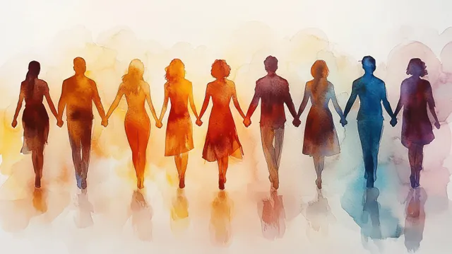 Diverse people holding hands while walking forward in a watercolor scene with colorful mist and gradient background.