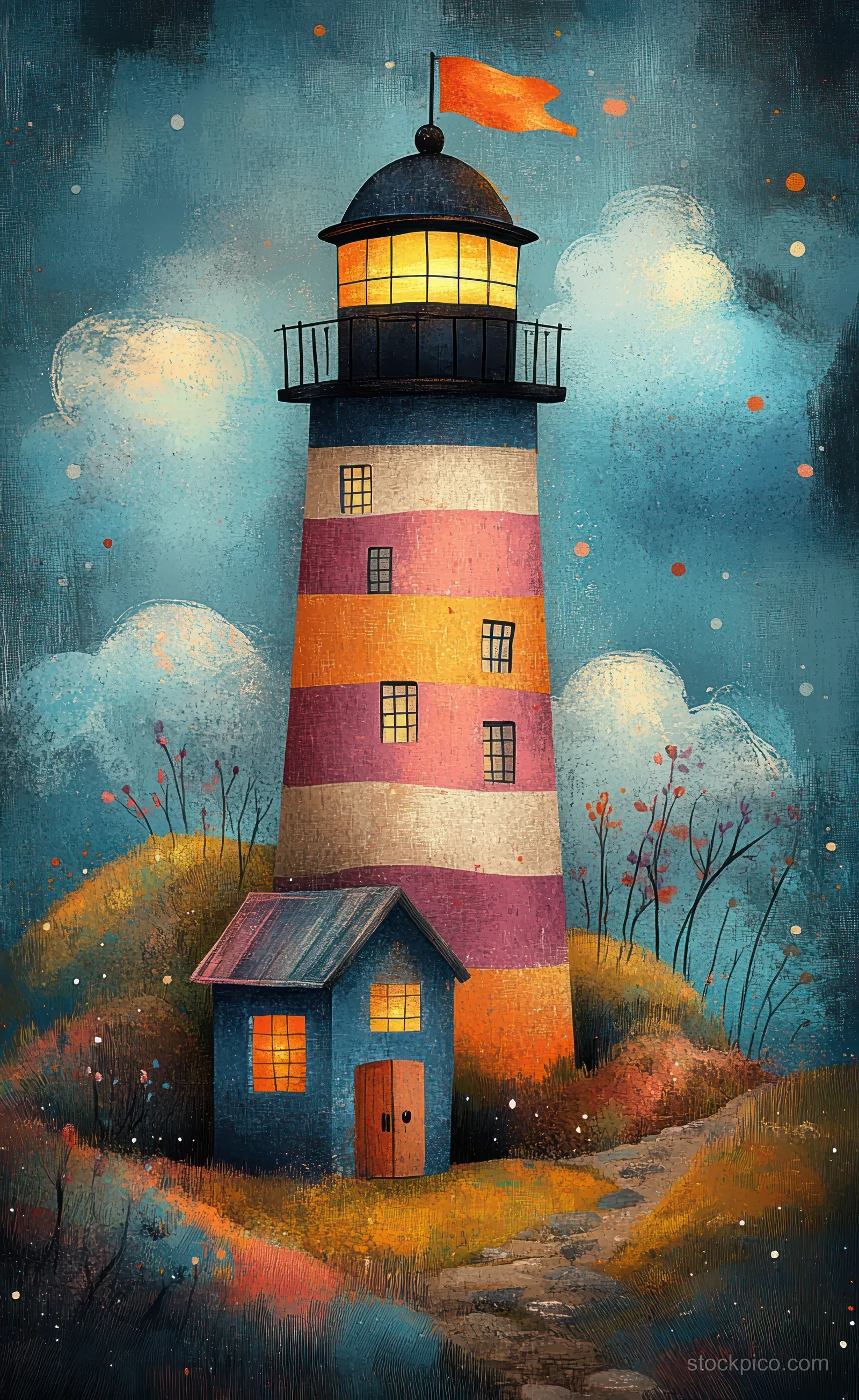 A striped lighthouse with a small house stands on a grassy hill under glowing clouds and mist.