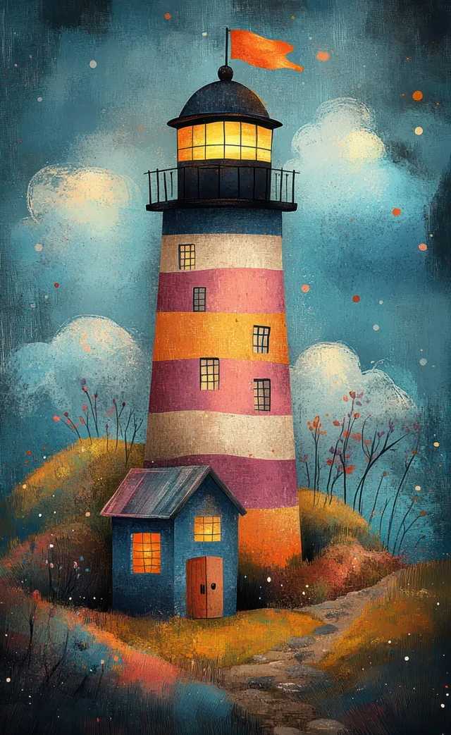 A striped lighthouse with a small house stands on a grassy hill under glowing clouds and mist.