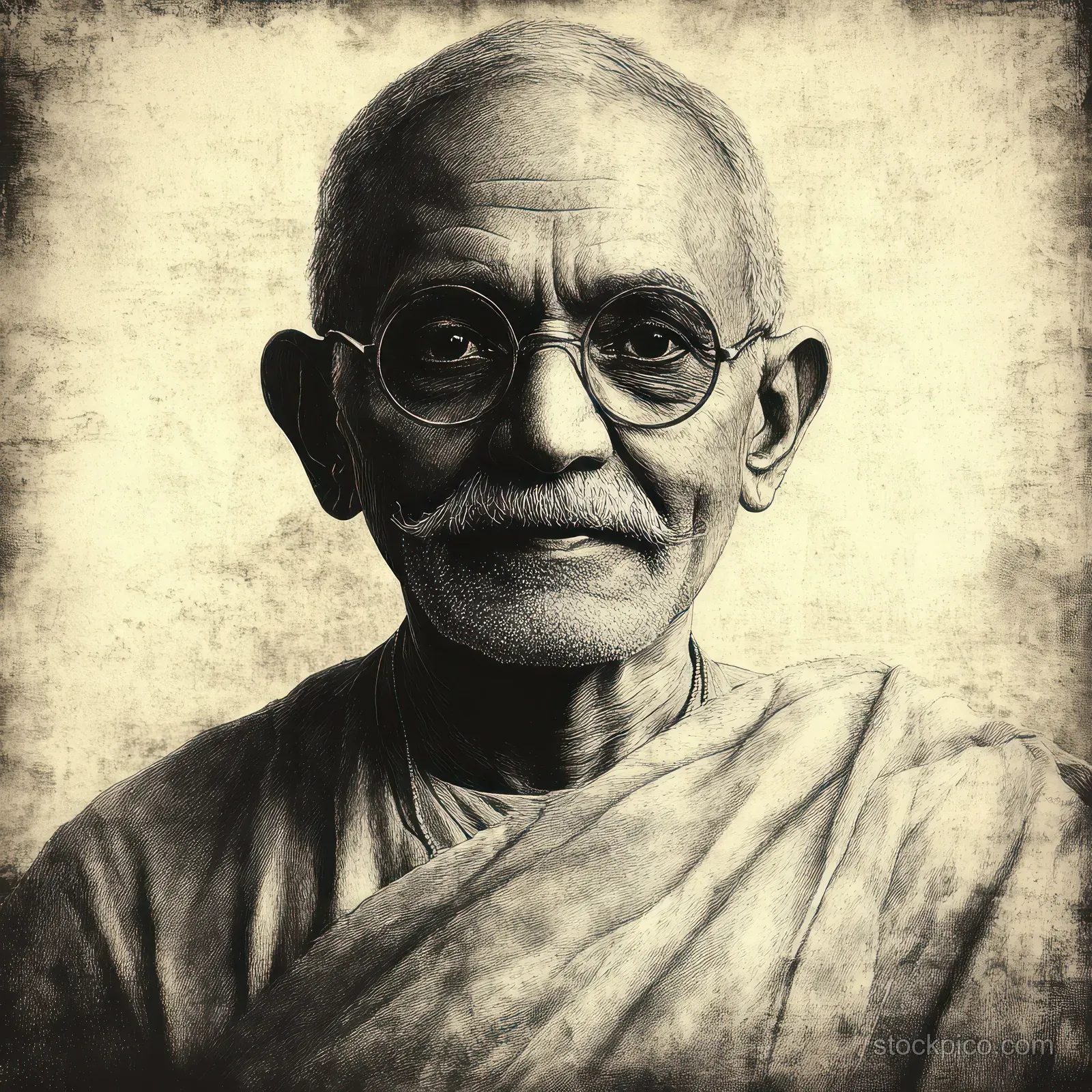 Black and white close-up portrait of an elderly man with glasses and draped traditional clothing, staring calmly against a textured background.