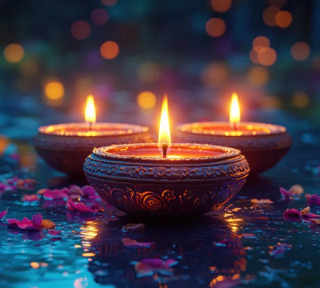 Lit diyas on colorful rangoli during Diwali night, glowing wicks and oil reflections