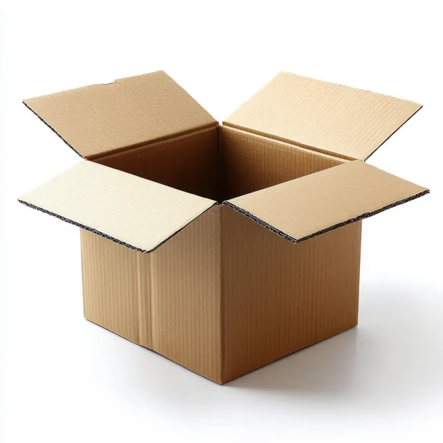 Open cardboard box on white background with insulation sheets and visible packing seams