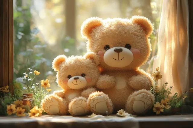 Two teddy bears cuddle on a bed of flowers with warm sunlight and blurred bokeh lights behind them.