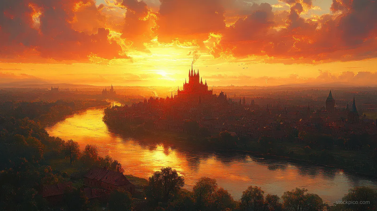 Heidelberg Castle and Neckar River city lights appear at sunset under dramatic orange and blue clouds.