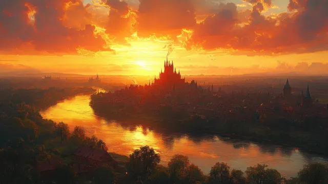 Sunset glow over Heidelberg Castle skyline with Neckar River winding through town