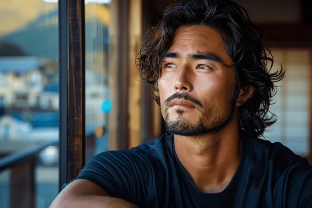 Japanese man in a black shirt looks out a window with warm sunset light and slightly messy hair.