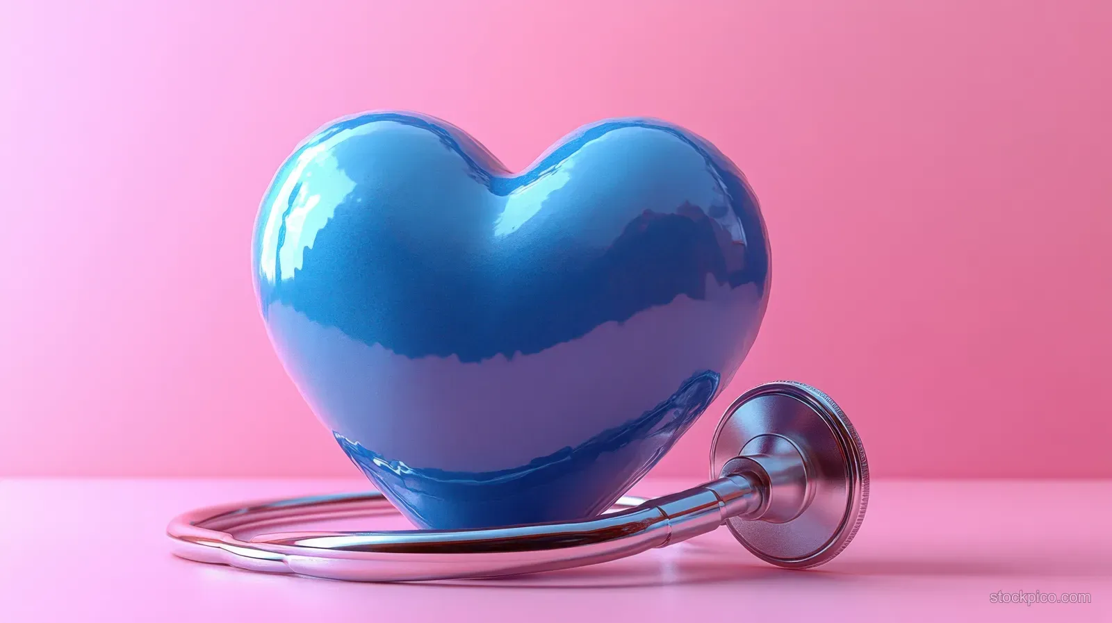 A blue heart sits with a stethoscope on a pink background, symbolizing Nurses Day care.