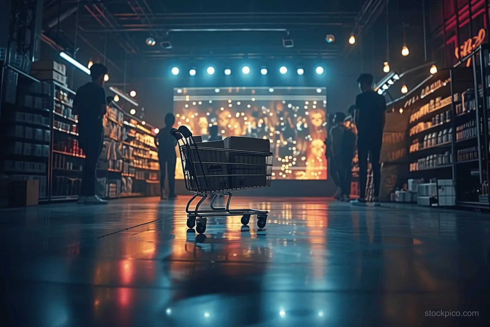 A shopping cart sits in a warehouse aisle while a laptop screen and delivery boxes suggest online ordering.