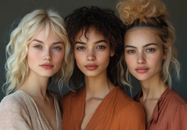 Three multiracial women stand close together in a studio portrait with warm, soft lighting and neutral clothing.