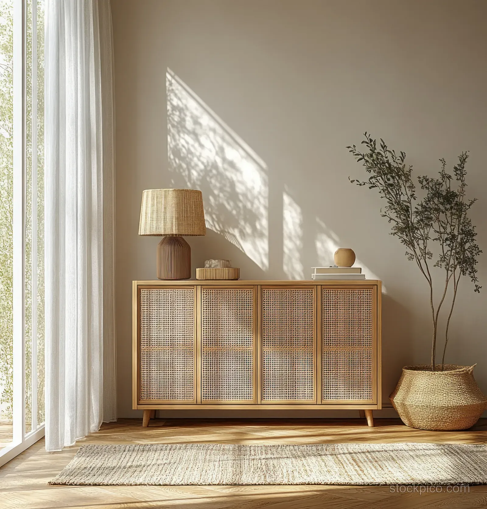 Sunlit Scandinavian living room showing a wooden cabinet, woven rug, potted plant, and sheer curtains.