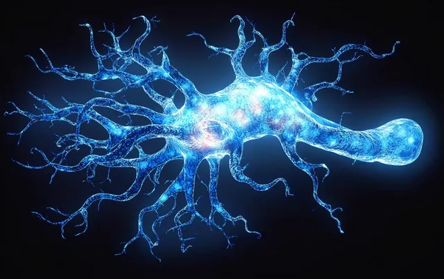 Glowing blue neuron with branching dendrites and axon projections on a dark background