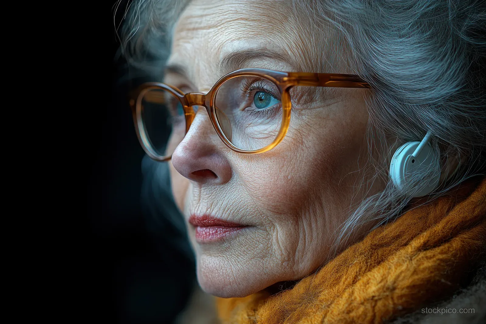 Elderly woman in warm indoor light wearing amber glasses and a digital hearing aid in a close-up portrait.