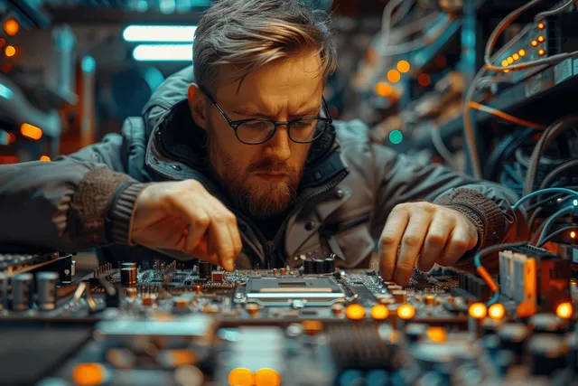 Technician repairs laptop motherboard on workbench, soldering microchips with glowing LEDs