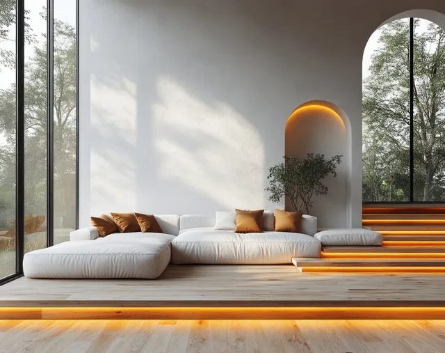 White sectional sofa sits on a warm wood platform in a bright living room with arched windows and plants.