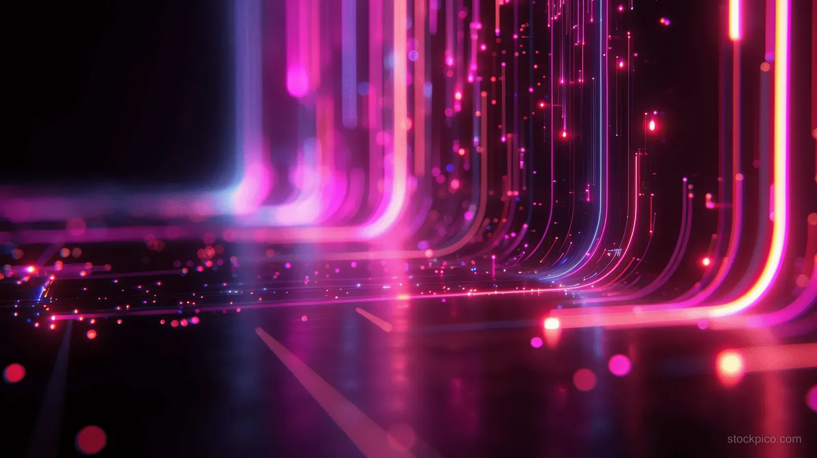 A 3D neon tunnel with pink and purple glowing lines, particles, and light beams receding into a dark background.