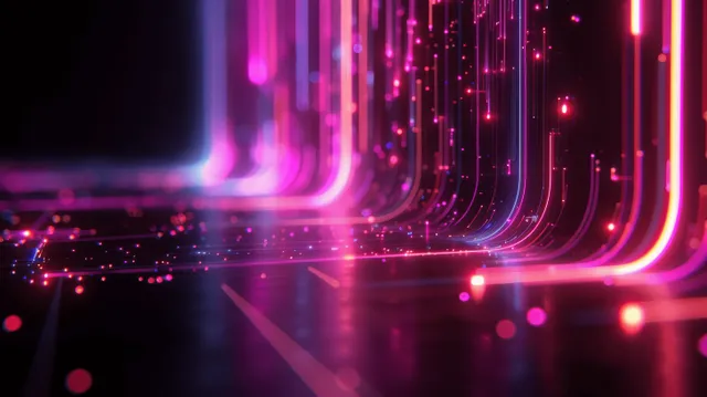 3D neon light tunnel with pink and purple glowing lines, particles, and beams on black