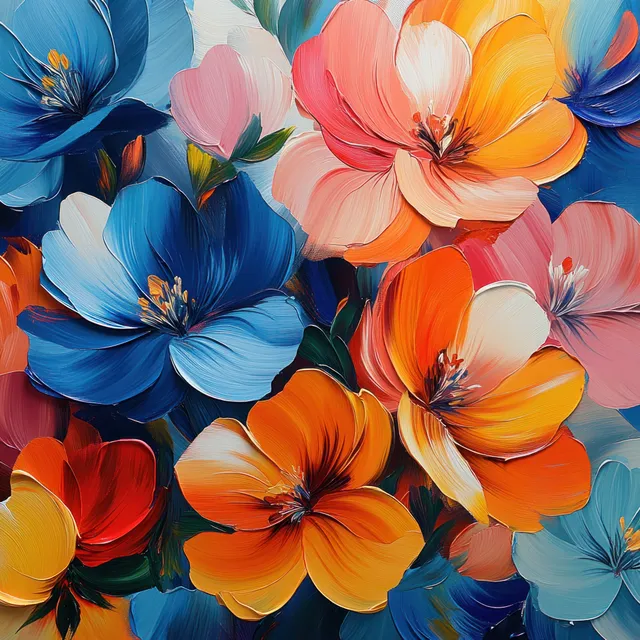Layered abstract flowers and leaves overlap across a colorful background with bold brush-stroke texture.