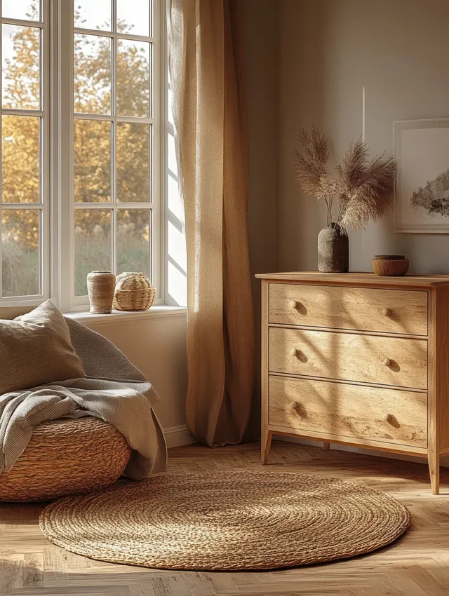 Sunlit Scandinavian living room corner with a light wood dresser, round rug, and curtains beside a large window.