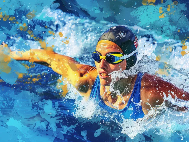A female backstroke swimmer drives forward through large water splashes in a competitive pool scene.