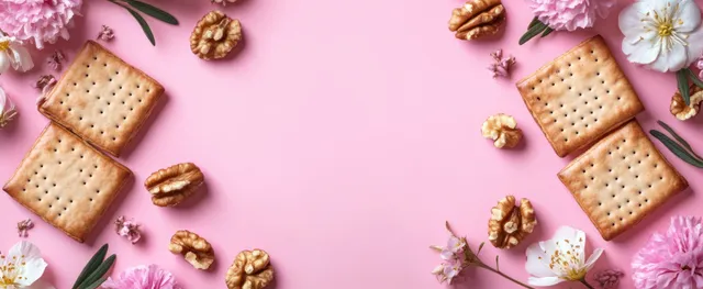 Passover matzo crackers and walnuts arranged around pink spring flowers on a soft pink flat lay background.