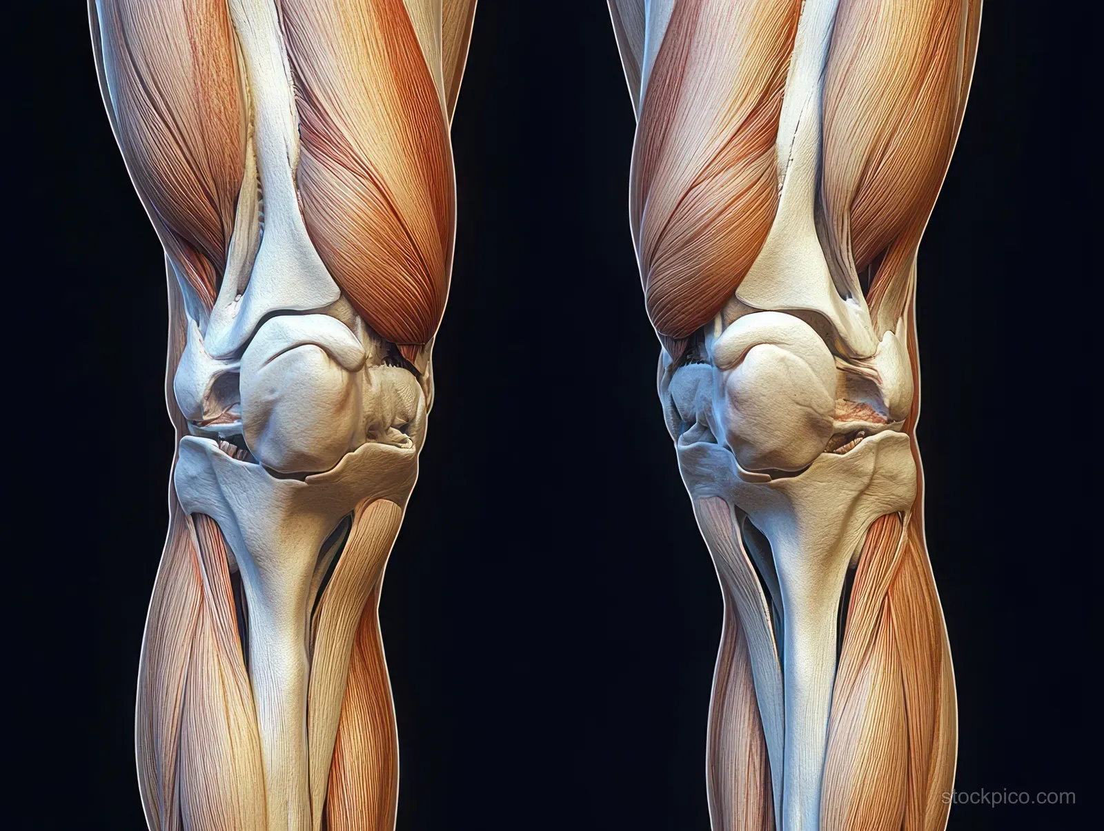 Detailed illustration of human knees showing cartilage, meniscus, ligaments, and surrounding muscles in two mirrored views.