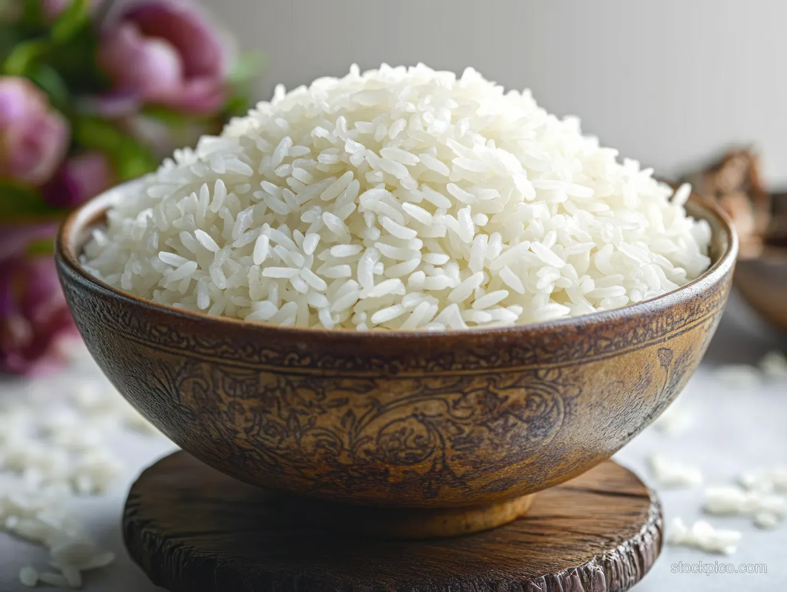 Decorative bowl filled with cooked white rice on a wooden surface with soft floral bokeh in the background.