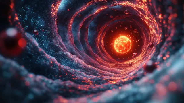 A glowing spiral tunnel surrounds a bright molten core with red and blue textures and drifting particles.