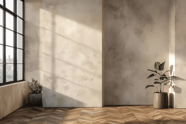 Minimalist living room interior with large window, chevron wood floor, and potted plants with Natural Light And Shadows