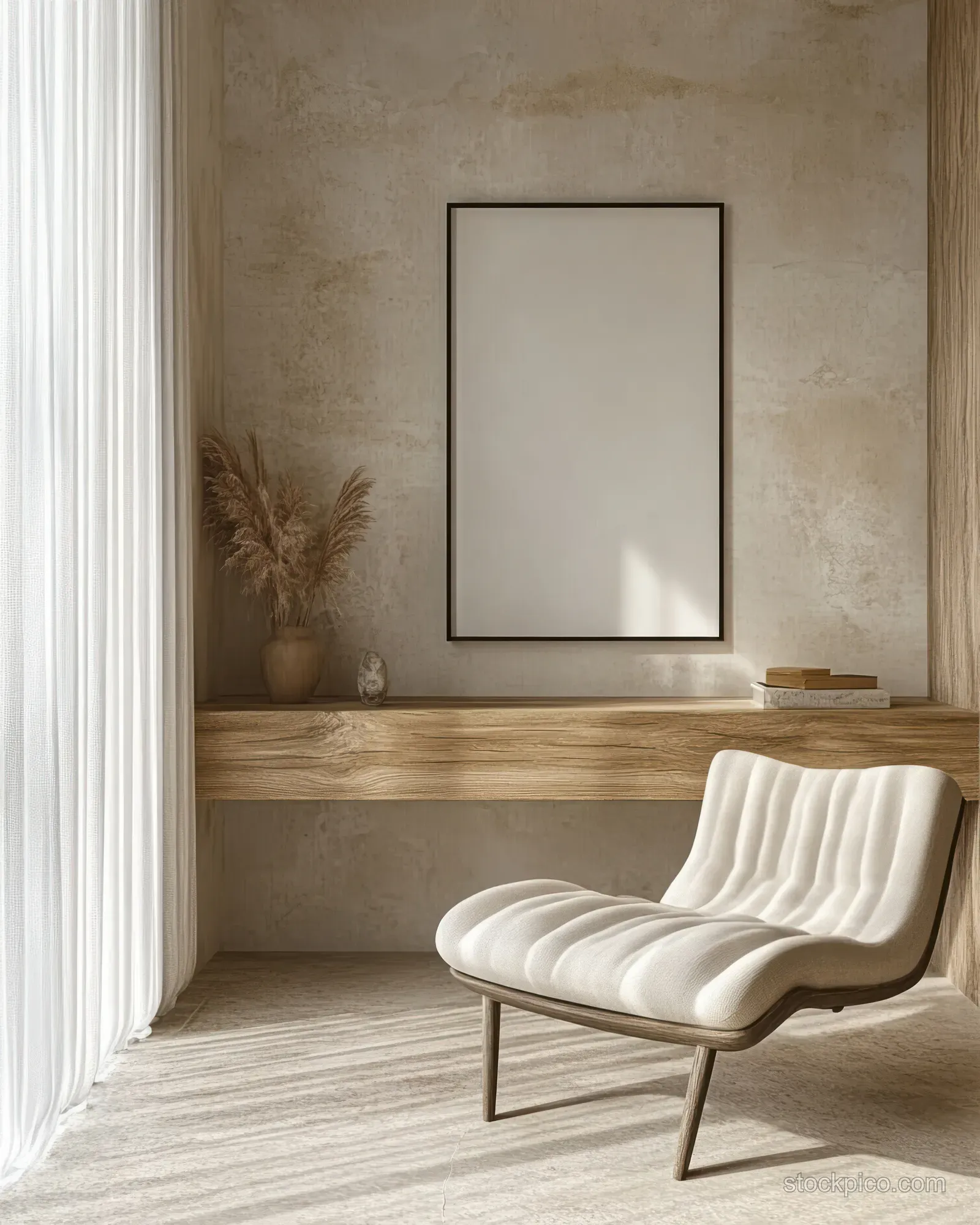 Framed blank poster mockup on a neutral wall in a Scandinavian living room next to a white chair and floor rug.
